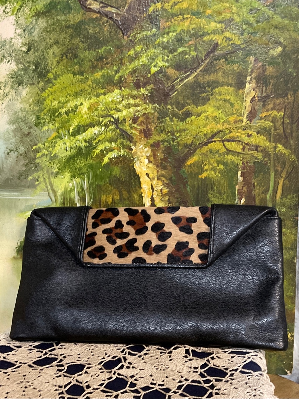 Talbots Black Leather Clutch with Leopard-Print Accent